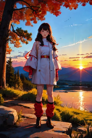 Full body photo, original clothes, standing on the mountain, sunset