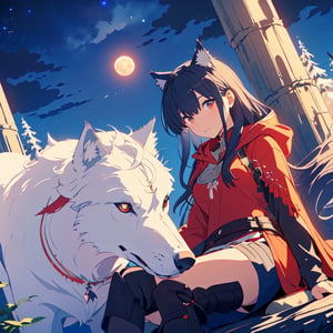 A very beautiful moon. Night scenery. A beautiful woman wearing red hooded clothes. She has a big wolf at her side. She sits astride the wolf and stares out at the plains. An angle centered on beautiful women.,Omertosa