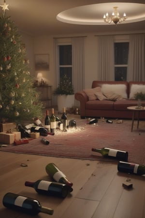 the living room, A wrecked christmas party, disassembled christmas tree, empty bottles of wine on the ground, wide shot, 8k, high resolution, high details, masterpiece, cinematic lighting, intricate, realistic, global illumination