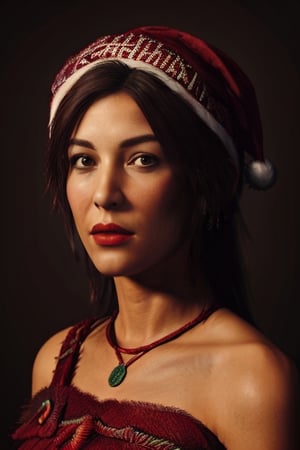 head portrait of a woman, dark brown hair, solo, (wearing a red dress and christmas cap:1.5), in a mansion in front of a giant christmas tree,photorealistic,<lora:659111690174031528:1.0>