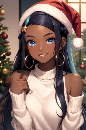nessa, 1girl,solo, very long hair, dark skin, smile,parted lips, hoop earrings,blue eyes ,wearing a christmas cap and christmas sweater , single hair bun ,blue eyes