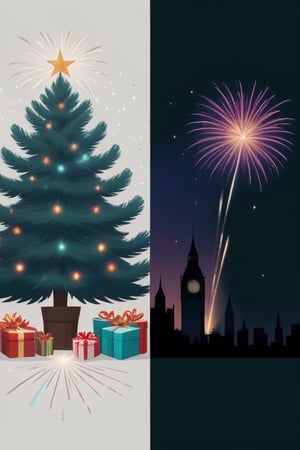 Christmas Tree and Fireworks in a city at night,<lora:659095807385103906:1.0>