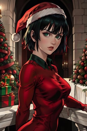 head portrait, fubuki, green eyes, short hair, solo, (wearing a red dress and christmas cap:1.2), in a castle balcony