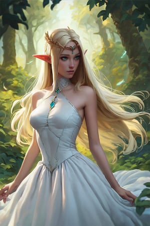 core_9, score_8_up, score_7_up, 1girl, aqua eyes, blonde hair, dress, elf, long hair, pointy ears, sidelocks, forest background, tiara, white dress