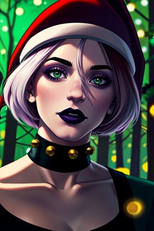 head portrait of a RogueXME, short hair, two-tone hair, (red hair), (white bangs), green eyes, purple makeup, purple lipstick, choker, studded collar, glove, solo, (wearing a christmas cap:1.5), in a forest, with a lot of fireflies,photorealistic,,<lora:659111690174031528:1.0>