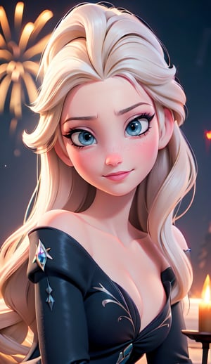 close up of face, Elsa from Frozen, (best quality, masterpiece, ultra detailed, highres, RAW image), perfect facial features, pale skin, blushing, blonde, long tousled hair, perfect eyes, perfect proportions, prestigeous, delicate, romantic, Elizabethan woman, black dress, cleavage, smiling, romanticism, hirao style, fireworks, firework, night, realistic.