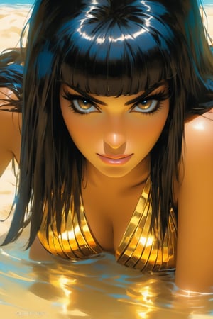 Sexy beautifull woman , blunt bangs, black hair, egyptian queen, gold bikini, loincloth, solo, navel, partially submerged, oasis