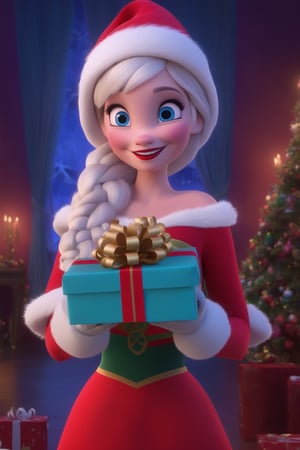 disney style, 1girl with santa hat giving a Xmas present,lipstick, dress, smile, braid, tiara, blonde hair, 1girl, solo, upper body, gloves, makeup, crown, blue eyes, cape, red dress, red clothing