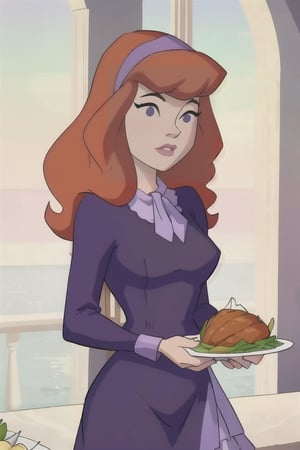 daphneblake, (8k, RAW photo, best quality, masterpiece:1.2), (intricate details), perfect eyes, perfect face, perfect lighting, beautiful, (masterpiece:1.2), (best quality:1.2), 1girl, cartoon style, solo, redhead, purple eyes, look at viewer, black headband, holding a turkey, french_maid, black dress, serving a turkey on a plate, thanksgiving, inside a kitchen, roasted turkey
