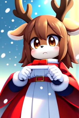solo (young:1.15) (((kemono reindeer), brown body and countershading, brown eyes)), medium_breasts, long eyelashes,SonicDiffusion, red dress, snow, white gloves, deer, santa_costume