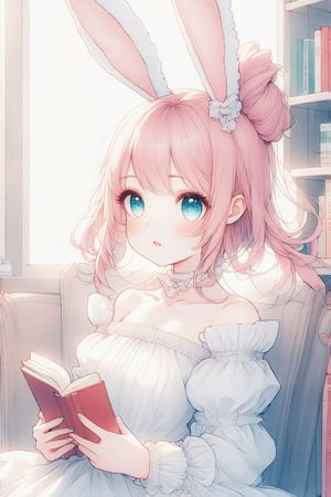 1girl,pastel color,watercolor,kawaii,cocoart,(high quality),child
sitting,book store,chair,reading book
(rabbit ears),pink hair,(long hair,bun hair),loli,child,aqua eyes,parted_lips,short pointy_ears,
white lace-trimmed a lot of frills white cute choker,wrist scrunchie,white Clothes,off-shoulder,clavicle,white gothic lolita near white maid,