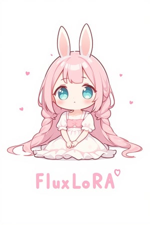 cocoart,chibi,simple design,text is "FluxLoRA", dress,sit,
 (rabbit ears),pink hair,double bun,braided bun,wavy long hair,loli,child,aqua eyes,parted_lips,short pointy_ears,