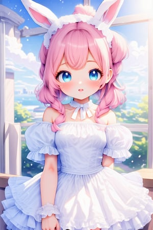 (rabbit ears),pink hair,double bun,braided bun,wavy long hair,loli,child,aqua eyes,parted_lips,short pointy_ears,
white lace-trimmed a lot of frills white cute choker,wrist scrunchie,white Clothes,off-shoulder,clavicle,white gothic lolita near white maid,master piece,high quality,best anatomy,anime,((chibi:1.4))