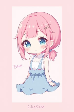 cocoart,chibi,simple design,text is "FluxLoRA", dress,sit,
aquamarine-eyes,short pointy ears,pink hair, sideburns,asymmetrical bangs ,low ponytail,side hair pulled with hairpin.