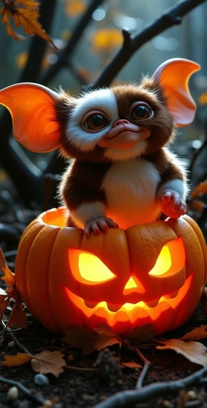 Gizmo, a small, furry creature with big eyes and a mischievous grin, sits precariously inside a carved-out pumpkin, surrounded by eerie Halloween ambiance. Soft, orange lighting casts a warm glow on the scene, while shadows from the pumpkin's ridges add depth. Gizmo's tiny hands grasp the rim of the calabaza as he gazes out with an air of mischief, amidst a backdrop of twisted vines and dry leaves,gzm