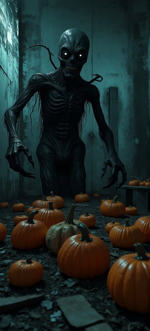 A dark and eerie shot of a demonic scarecrow (Espantapajaros) standing amidst a cemetery filled with rotten pumpkins (calabazas podridas). The scarecrow's twisted limbs and glowing eyes seem to emerge from the shadows, surrounded by the decaying gourds that appear to be rotting away. The dim lighting casts an ominous glow on the scene, emphasizing the sense of foreboding,cctv footage of a horror monster