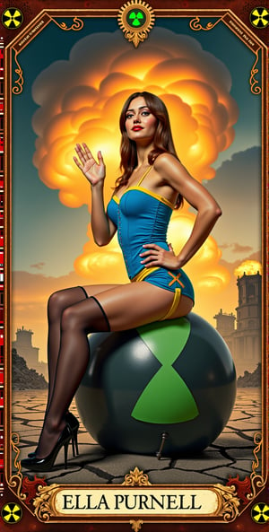 A striking tarot card featuring Ella Purnell seated atop a large nuclear bomb, styled in classic Pin-up fashion. She wears a retro, fitted outfit: a bright blue corset-style top and high-waisted shorts with yellow accents, adding a pop of color. Her thigh-high stockings complete the vintage Pin-up look. Her hair is sleek, straight, and chestnut brown, flowing neatly past her shoulders. She strikes a playful yet bold pose, one hand on her hip and the other raised as if waving, with a confident, mischievous smile on her face.

The background is a desolate, apocalyptic wasteland: cracked, barren earth, ruined buildings, and swirling dark clouds in a fiery orange and ash-colored sky. Smoke rises in the distance, and the remnants of civilization lie in ruin, enhancing the sense of doom. Despite the devastation, her vibrant, glamorous presence contrasts sharply with the grim landscape, creating a visually captivating scene.

The card’s borders are lined with radioactive symbols and industrial patterns—glowing green hazard signs, rusted gears, and jagged metallic designs—reinforcing the nuclear theme. The overall color palette is dominated by warm, rusty oranges, grays, and deep blues, giving the image a post-apocalyptic but artistic feel. The result is a unique tarot card where Ella Purnell, in a blue and yellow Pin-up outfit, embodies a blend of charm and destruction in a desolate, nuclear landscape,ellaPurnell