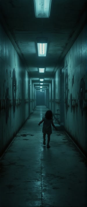 A dimly lit hospital room with worn, aged walls that seem to have eyes of varying sizes watching a frightened child try to escape. The fluorescent lights above flicker ominously, casting long shadows across the cracked floor tiles. The air is thick with tension as the child's desperate attempts to flee are met with an unblinking gaze from the walls' numerous, watchful eyes.,esth3r