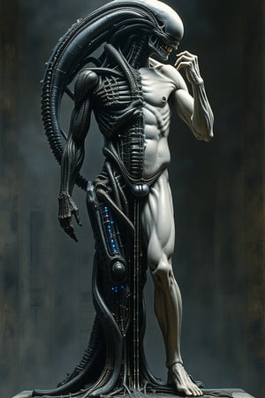 A twisted, biomechanical reinterpretation of Michelangelo's 'David' stands tall, its classical proportions distorted by sinuous metallic tendrils and glowing blue circuits. The iconic marble statue now a fusion of flesh and machinery, as if the David's very essence had merged with the dark, industrial imagination of H.R. Giger's Alien universe. The once-proud figure now appears mutated, its gaze piercing through a mesh of wires and mechanical limbs.