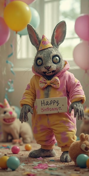 A whimsical scene unfolds: a fully-attired rabbit-zombie in a bright pink and yellow onesie, complete with oversized bow tie and matching hat, stands amidst a sea of colorful balloons and streamers at a children's party. Soft, pastel hues illuminate the setting as the Zombie-rabbit awkwardly holds a 'Happy Birthday' sign, its undead eyes gleaming with mischievous intent.