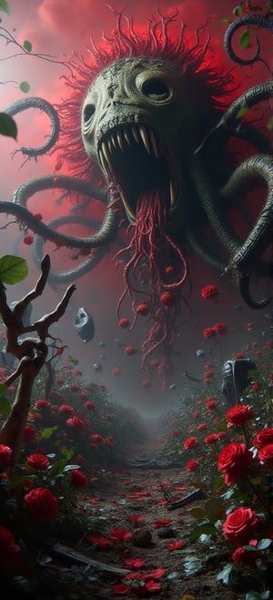 Amidst a thicket of vibrant roses in shades of crimson, emerald, and amethyst, a gargantuan carnivorous plant looms large, its twisted tendrils snaking around skeletal remains scattered across the desolate terrain. The air is heavy with the eerie glow of a deep red mist, casting an ominous ambiance. In the foreground, bony fingers splayed outwards, as if in futile attempt to grasp the nightmarish flora, while the plant's grotesque, leafy appendages seem to writhe and twist in malevolent anticipation.