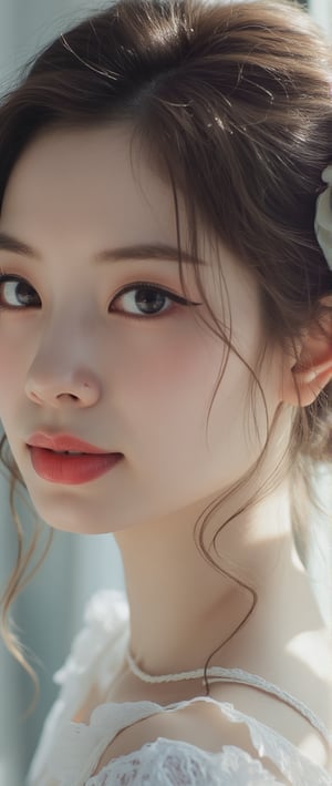 Close-up shot of Dahyun's face with her pale skin as the focal point. A rose adorns one side of her hair, nestled in a sleek, smooth hairstyle that frames her neck and shoulders. Her gaze is serene, with a subtle smile radiating from her lips, illuminating the scene with an soft, gentle light.