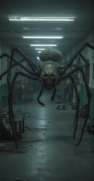 A massive, grotesque spider looms large in the abandoned hospital's decrepit corridor, its beady eyes fixed menacingly on the camera lens. The dimly lit, flickering fluorescent tubes above cast an eerie glow, highlighting the arachnid's enormous legs and razor-sharp fangs. In the background, rusty medical equipment and broken wheelchairs create a haunting atmosphere,	darknessstyle