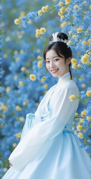 Realistic photograph of Dahyun dressed in a traditional white and light blue Korean traditional costume (hanbok), in an ancient style. Dahyun is standing in the center of the image, with a cheerful and elegant expression. The background is filled with an artistic composition of blue and yellow flowers that extend throughout the entire space, creating a delicate contrast with the white suit. The flowers are arranged in soft, organic patterns, visually enveloping the girl without covering her completely.