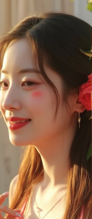 Close-up shot of Dahyun's rosy cheeks with a pale complexion, a rose adorns the side of her hair, her smooth hairstyle flows down her nape, and a stray lock falls across her forehead. She subtly smiles, radiating in the scene under soft, warm lighting.