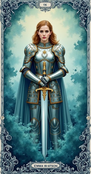 A powerful tarot card featuring Emma Watson, dressed in a regal, intricately designed princess armor. The armor is made of silver and gold, with elegant engravings of vines and stars, balancing both strength and grace. She stands tall, gripping a massive two-handed sword, the blade gleaming as it reflects light. Her expression is focused and determined, her posture strong, exuding the aura of a warrior princess prepared for battle.

The background is a mesmerizing, abstract blend of watery hues—deep blues, aquamarines, and soft greens—swirling together as if the scene is submerged in a dreamlike, fluid realm. The abstract watercolors shift and blend like waves or mist, giving the image a surreal and otherworldly atmosphere. Delicate droplets and ripples form patterns around her, enhancing the mystical feel of the card.

The card’s border is framed with intricate aquatic designs—sea-inspired patterns and curling waves in silver and blue. The overall color palette is cool and serene, contrasting beautifully with the strength and majesty of Emma Watson in her armor. The result is a visually stunning and powerful tarot card blending elegance, strength, and an ethereal water-inspired background