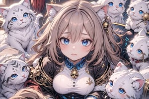 1girl, solo, long hair, breasts, looking at viewer, bangs, blue eyes, blonde hair, animal ears, medium breasts, closed mouth, indoors, cat ears, lips, animal ear fluff, bell, animal, , too many