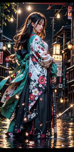 1girl, solo, long hair, looking at viewer, bangs, skirt, black hair, hair ornament, red eyes, long sleeves, holding, jewelry, closed mouth, standing, full body, weapon, braid, flower, sidelocks, earrings, japanese clothes, sword, hair flower, wide sleeves, kimono, water, blurry, from side, sash, single braid, profile, night, depth of field, blurry background, obi, floral print, katana, letterboxed, sheath, hakama, hakama skirt, reflection, red kimono, print kimono, black hakama