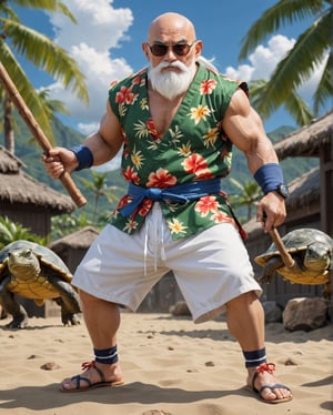 Full_body, Realistic photo of Master Roshi, ((dwarf)), Reference anime Dragon Ball, He wearing a ((casual holiday hawaiian shirt)), ((white shorts))) and wearing a (((Turtle Shell on his back))). He usually holding a ((turtle wizard wooden stick)). fighting pose, futuristic background, highly detailed, high resolution, intricate details, action_pose, kung fu stance, best quality, masterpiece, , MikieHara,ABMavatar, anime,cyberpunk style, 