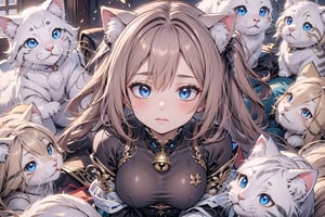 1girl, solo, long hair, breasts, looking at viewer, bangs, blue eyes, blonde hair, animal ears, medium breasts, closed mouth, indoors, cat ears, lips, animal ear fluff, bell, animal, , too many