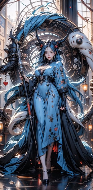 huge breasts,1girl, solo, long hair, breasts, looking at viewer, blue eyes, black hair, gloves, hat, dress, holding, very long hair, closed mouth, blue hair, standing, full body, weapon, multicolored hair, horns, black gloves, holding weapon, black dress, black headwear, fire, long dress, scythe, holding scythe