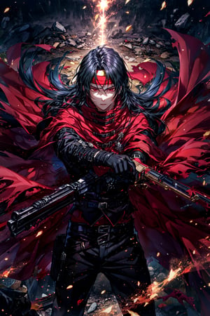 absurdres, ultra detailed, 1boy, , long black hair, red eyes, red cloak, red headband, holding weapon, revolver, torn cloth