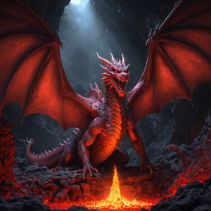generate a digital painting of a huge red dragon, in a lava filled cavern with treasure heaped all around. the dragon has half spread it's wings in readiness to take flight. sinister and menacing atmosphere. HDR, 8k UHD, ultra high res,masterpiece, best quality, trending on artstation