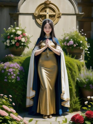 (masterpiece), (best quality), (extremely detailed), (1girl), solo, looking at viewer, smile, slender, evenly sized eyes, extremely detailed eyes, priestess clothes, hair ornament, stuffed animal, (full body:1.4), (holy cross steeple grand church on back, from a flowerly hill above, beauty flowers, church bell), outdoors, wide shot, extremely detailed wallpaper, (completely detailed features), 16k, UHD, own hands together, ☦️,