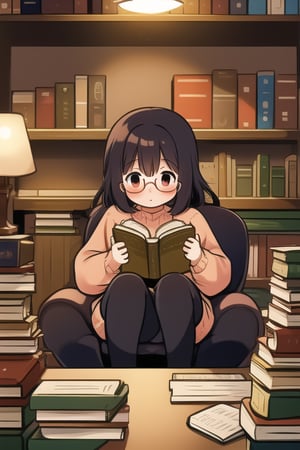 1girl, anime, reading a book, sitting at a wooden table in a grand library, wearing a cozy sweater and glasses, surrounded by tall bookshelves filled with books, warm lighting