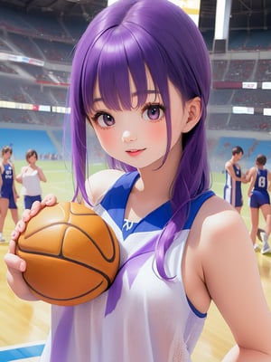 Masterpiece, highest quality, high brightness, 1 girl, purple hair, hair ornament, sportswear, baseketball, basketball match