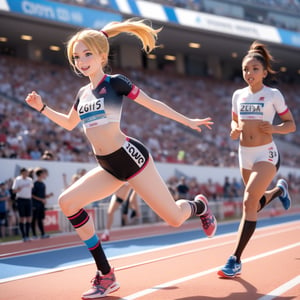 olympic Stadium,great crowds of spectators around the stadium,olympic emblem,track,1 girl,sprinter,blonde hair,blue eyes,long ponytail,wearing short and tight uniform( Text "PARIS 2024" written on her top),knee pads,running shoes,100meter sprint,she is running and crossing the finish line,lift both arms,smile,cowboy_shot,