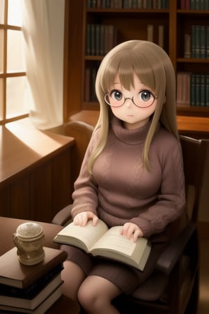 1girl, anime, reading a book, sitting at a wooden table in a grand library, wearing a cozy sweater and glasses, surrounded by tall bookshelves filled with books, warm lighting