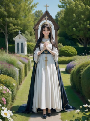 (masterpiece), (best quality), (extremely detailed), (1girl), solo, looking at viewer, smile, slender, evenly sized eyes, extremely detailed eyes, priestess clothes, hair ornament, stuffed animal, (full body:1.4), (holy cross steeple grand church on back, from a flowerly hill above, beauty flowers, church bell), outdoors, wide shot, extremely detailed wallpaper, (completely detailed features), 16k, UHD, own hands together, ☦️,