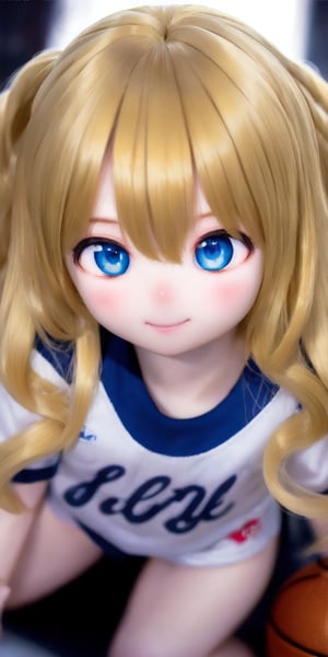 ((Generate hyper realistic full body portrait of  captivating scene featuring a stunning 20 years old girl,)) ((semi side view,)) with medium long blonde hair, flowing curls, little smile, donning a blue basketball  jersey, studio lighting,  piercing, blue eyes, photography style , Extremely Realistic,  ,photo r3al,action shot