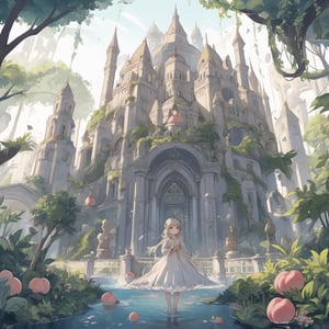 In a wondrously gleaming futuristic realm composed entirely of ripe peaches, a towering palace made of glistening peach flesh and pitted stone stands as the focal point of the image. The palace's walls are adorned with intricate carvings of peach vines and blossoms, while peach juice flows like streams through the city streets. This vivid and surreal painting captures the ethereal beauty of a world where nature and architecture are seamlessly intertwined, every detail rendered with unparalleled precision and depth, making viewers feel as if they could reach out and touch the succulent fruit structures.