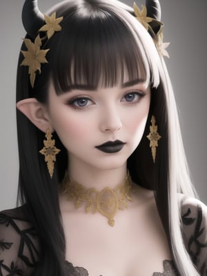 A strikingly close up portrait of a beautiful young woman is adorned with large,  slate grey horns with gold ornements that sweep majestically from her head, contrasting with her flawless, porcelain skin. Her pointy ears add a mystical touch to her appearance, intricate black lace's hair featuring circular floral patterns interwoven with red chrisanthemum. Her face is bold with dark dramatic, black solid powder makeup, black lips, highlighting her sharp features and giving her an intense, enchanting aura. She is wearing dark embroidery Gothic clothes. Black on white smoke layers. The scene is set in a magical, softly lit workshop filled with vibrant fabrics and mystical tools, reflecting her powerful and otherworldly presence. Rust background,anime art of girl/woman,white_aesthetics, 