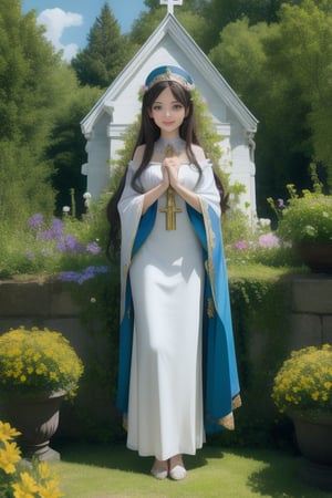 (masterpiece), (best quality), (extremely detailed), (1girl), solo, looking at viewer, smile, slender, evenly sized eyes, extremely detailed eyes, priestess clothes, hair ornament, stuffed animal, (full body:1.4), (holy cross steeple grand church on back, from a flowerly hill above, beauty flowers, church bell), outdoors, wide shot, extremely detailed wallpaper, (completely detailed features), 16k, UHD, own hands together, ☦️,