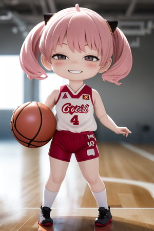 masterpiece, best quality, high resolution, PVC, rendering, chibi, high resolution, single woman, Anya Forger, pink hair, bob hair, gray eyes, smiling, selfish target, basketball, wearing basketball uniform, cheering, basketball court, chibi, smiling, grinning, self-satisfied, full body, chibi, 3D figure, toy, doll, character print, front view, natural light, ((realistic)) 1.2)), dynamic pose, medium movement, perfect cinematic perfect lighting, perfect composition, Anya Forger Spy x Family,