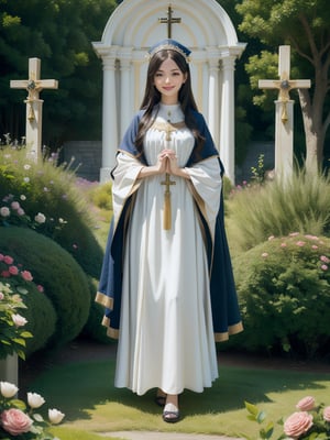 (masterpiece), (best quality), (extremely detailed), (1girl), solo, looking at viewer, smile, slender, evenly sized eyes, extremely detailed eyes, priestess clothes, hair ornament, stuffed animal, (full body:1.4), (holy cross steeple grand church on back, from a flowerly hill above, beauty flowers, church bell), outdoors, wide shot, extremely detailed wallpaper, (completely detailed features), 16k, UHD, own hands together, ☦️,