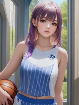 Masterpiece, highest quality, high brightness, 1 girl, purple hair, hair ornament, sportswear, baseketball, basketball match